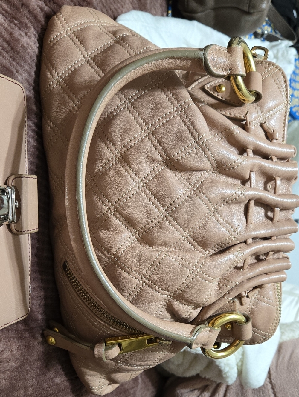 Marc Jacobs Quilted Cecilia Beige Shoulder Bag with Gold Hardware